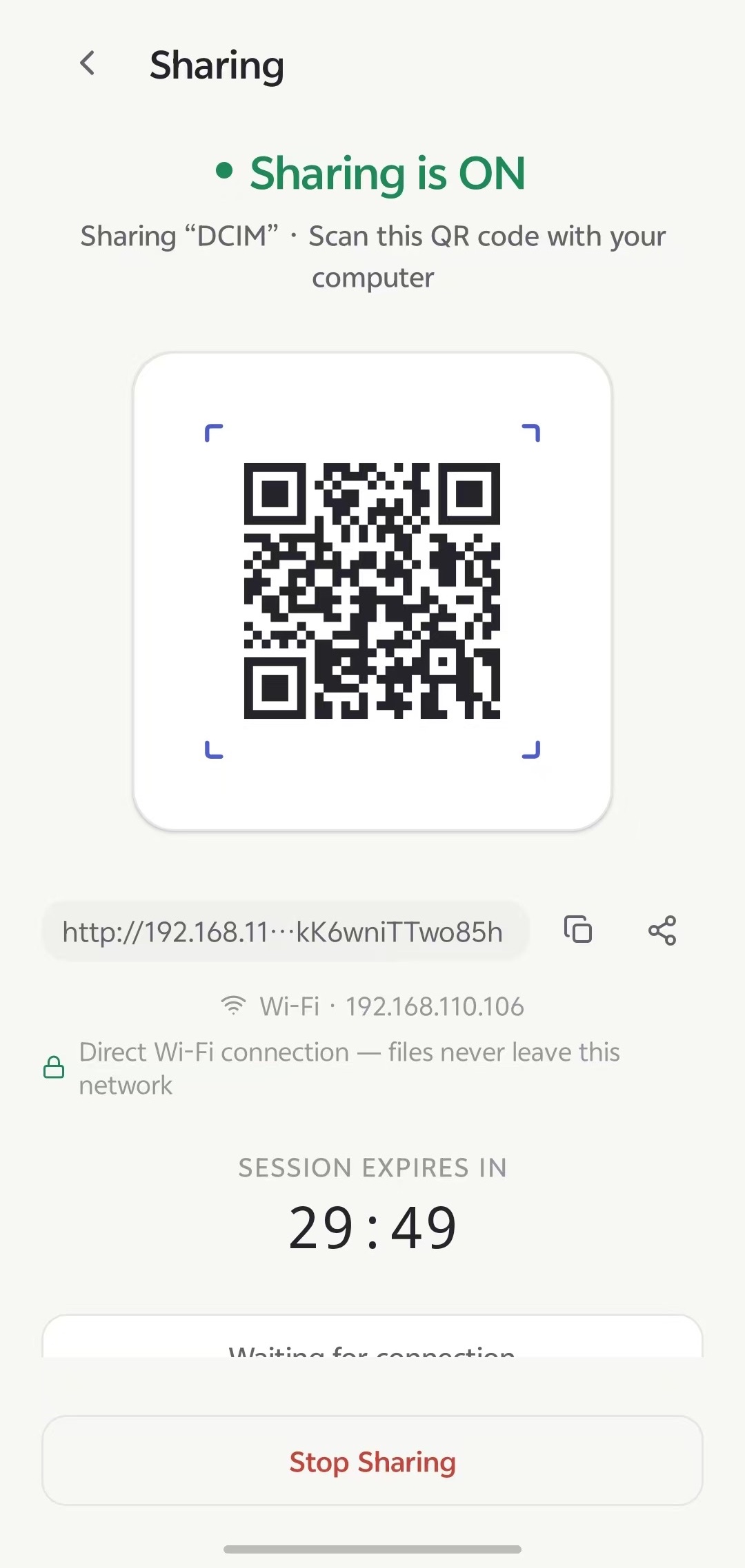 BrowserDrop's sharing screen on a phone: QR code, local URL and session countdown